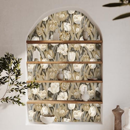 Tulip Retro Flower Wallpaper，17.71 "x 118.1" Golden Aesthetic Contact Paper Waterproof Vinyl Wallpaper for Kitchen Backsplash Bathroom Cabinet - color: flower-07, size: 17.7" x 118.1"