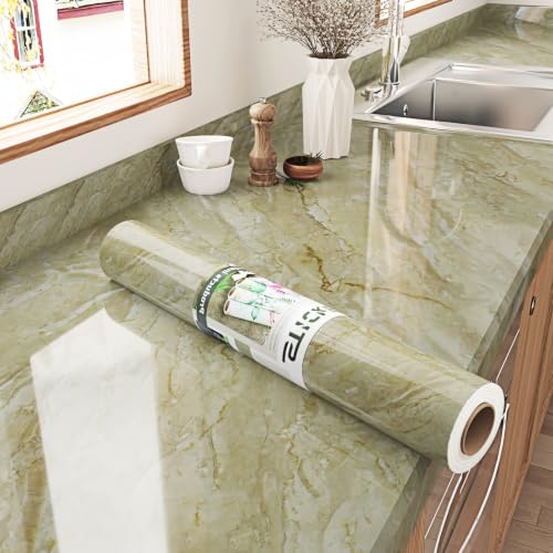 Beige Green Marble Contact Paper for Countertops Waterproof Glossy Marble Wallpaper 17.7" x 315" Removable Self Adhesive Granite Contact Paper for Kitchen Bathroom Cabinets Counter Top Covers - size: 17.7" x 315"