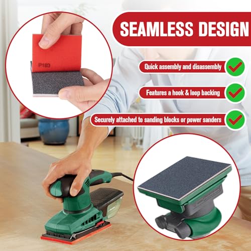 72Pcs Sanding Sponges 80-3000 Grit - Wet/Dry Sandpaper Sponge for Drywall, Wood, Metal, Glazing, Hook & Loop Backing for Hand Sanders, Oxidized Aluminum Abrasive, Flocked Surface