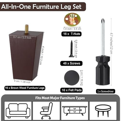 TURSTIN 16 PCS 4 Inch Wood Furniture Legs, Couch Legs Replacement, Brown - color: Brown, size: 4 Inch
