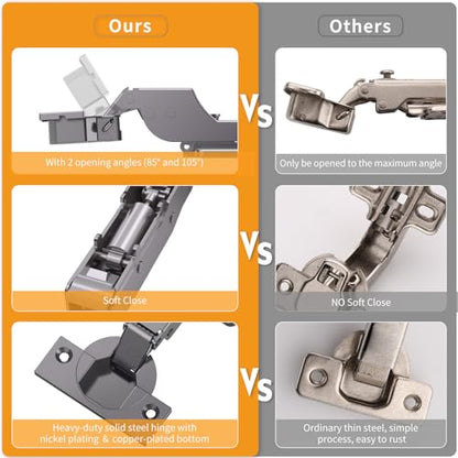 Chibery 50 Pack Frameless Inset Soft Close Concealed Hinges, Black Titanium Plated, Self Closing, 105° Open Angle 3D Adjustment, Stop 85 ＆ 105 Degrees, Clip On, Stainless Steel for Cabinet Door - size: Inset