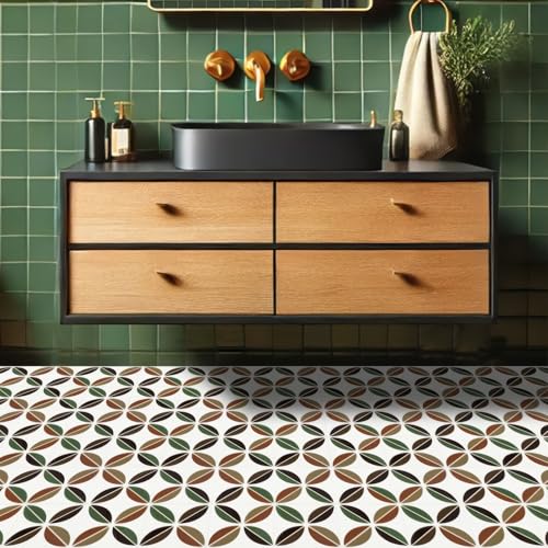HOMETITUTE Retro Mid Century Leaf 12x12 Inch Peel Stick Vinyl Tile - color: Green, Brown