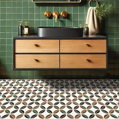 HOMETITUTE Retro Mid Century Leaf 12x12 Inch Peel Stick Vinyl Tile - color: Green, Brown
