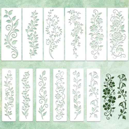 12Pcs 12 Styles Leaf Border Stencils 3.03 x 11.81 Inch, Plastic Flower Template Vintage Leaf Pattern Reusable PET Plastic Drawing Stencil for Crafts Wood Burning Wall Furniture Home Decor - color: Flower-2