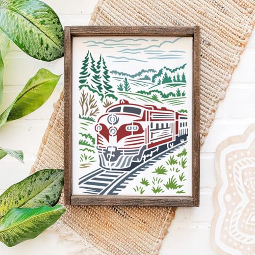 FINGERINSPIRE Train Mountain Forest Stencil 8.3x11.7inch with a Brush Steam Engine Train Stencils Rails Mountain Forest Drawing Template for DIY Painting on Walls Wood Canvas Home Decoration - style: Train Mountain Forest
