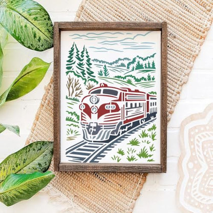 FINGERINSPIRE Train Mountain Forest Stencil 8.3x11.7inch with a Brush Steam Engine Train Stencils Rails Mountain Forest Drawing Template for DIY Painting on Walls Wood Canvas Home Decoration - style: Train Mountain Forest