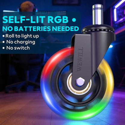 WEWILL RGB Chair Caster Wheels, Self-Lit No Batteries, 3" PU Rubber (5-Pack), Heavy Duty 325kg/715lb, Universal 11x22mm Stem, Quiet for Carpet/Hardwood (Not IKEA) - color: Colorful