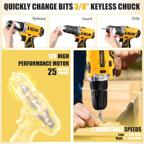 Sundpey 166-PC Small Basic Home Tool Kit Set with 12V Cordless Drill & Case