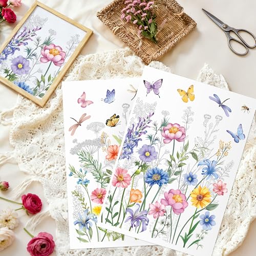 Joeyan Floral Rub On Transfers for Crafts and Furniture, 2 Sheets Large Flower Butterfly Rub on Stickers DIY Transfer Decals for Wood Glass Metal Canvas Porcelain Plastic Home Decor, 11" x16" - style: Flower Butterfly