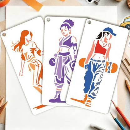 12 Sheets Women's Exercise Stencil for Painting, Woman Practicing Drawing Stencil Sports Theme Stencils Reusable Lady Motivational Template for Painting on Wall Wood Home Decor - style: Female Exercise