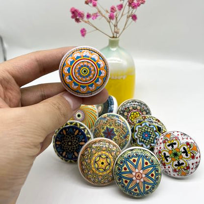 Bohemian Ceramic Knobs - 10Pcs Round Porcelain Knobs - Exquisite Ceramic Bohemian Handles - Bohemian Style Cabinet Knobs
