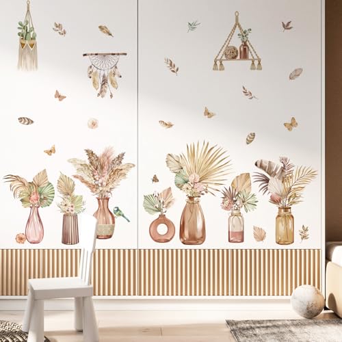 decalmile Boho Palm Leaves Flower Vase Tropical Plants Wall Decals Stickers - color: Boho Flower