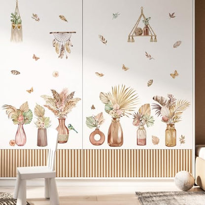 decalmile Boho Palm Leaves Flower Vase Tropical Plants Wall Decals Stickers - color: Boho Flower