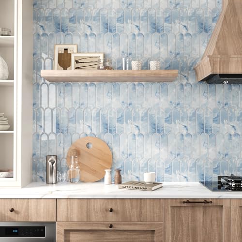 VEELIKE 6 Sheets Blue Kitchen Backsplash Tiles Peel and Stick Fish Scale Stick on Back Splash Tiles for Kitchen Bathroom Waterproof Blue Marble Tile Self Adhesive Backsplash Tile Stickers 12''x12'' - color: Blue, size: Box of 6 Tiles