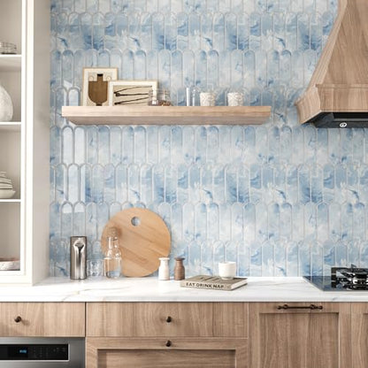 VEELIKE 6 Sheets Blue Kitchen Backsplash Tiles Peel and Stick Fish Scale Stick on Back Splash Tiles for Kitchen Bathroom Waterproof Blue Marble Tile Self Adhesive Backsplash Tile Stickers 12''x12'' - color: Blue, size: Box of 6 Tiles