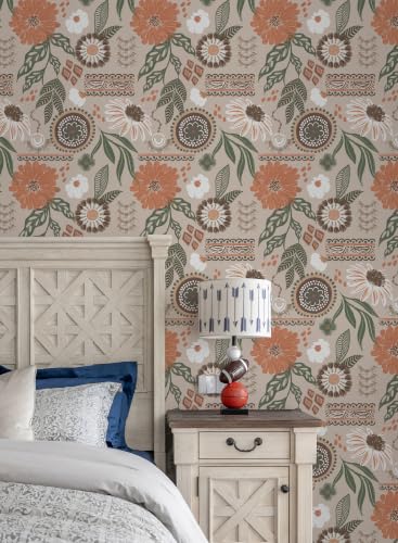 Simon&Siff Boho Sun Floral Retro Peel and Stick Wallpaper 17.3" x 1200" - color: Gray, size: 17.3" x 1200"