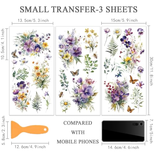 OLYCRAFT 3 Sheets/Set Wildflower Rub on Transfers for Furniture and Craft 6x12 Inch Butterfly Furniture Decal Transfer Stickers Rub on Decal with 1pc Scraper for Wooden Furniture Home Decorations - style: Wildflower