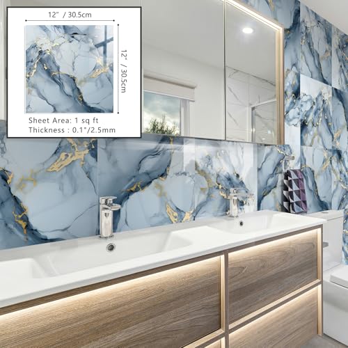 10 Sheets Marble Peel and Stick Backsplash Tile, 12"x12" Waterproof PVC Self Adhesive Tile Shower Wall Panels for Bathroom, Kitchen, Living Room (Metallic Blue) - color: Metallic Blue