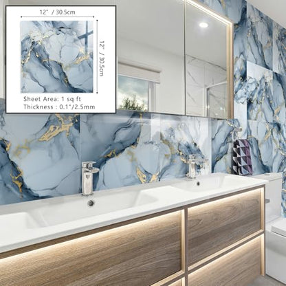 10 Sheets Marble Peel and Stick Backsplash Tile, 12"x12" Waterproof PVC Self Adhesive Tile Shower Wall Panels for Bathroom, Kitchen, Living Room (Metallic Blue) - color: Metallic Blue