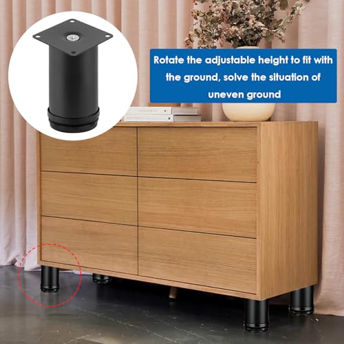4-Pack 4 Inch Furniture Legs, Stainless Steel Adjustable Round Cabinet Legs with 16Pcs Screw for Cabinet Sofa Shelves Table DIY Furniture(Black 50x100mm) - color: Black, size: 4 Inch