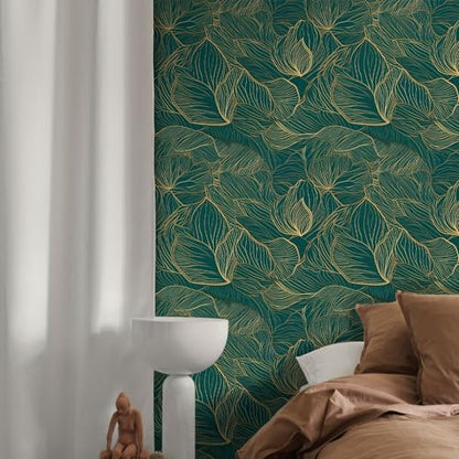 Gold Leaves Peel and Stick Wallpaper - 17.71in X 236.2in Self-Adhesive, Removable, Waterproof Vinyl for Bedroom, Living Room, Cabinets - color: Wallpaper-03, size: 17.7" x 236.2"