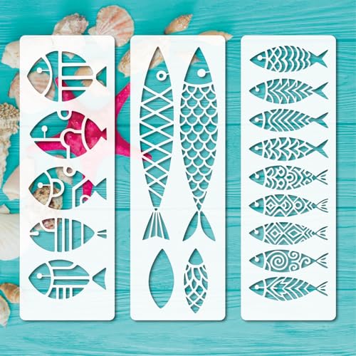 Stencils Geometric Fish Craft Paint Template 3pcs Large Painting Stencils Set 3.94 * 11.8in Reusable Plastic Templates Painting on Wood Wall Canvas Floor Shop Sign - size: 3.94*11.8 inches