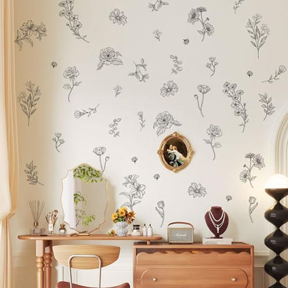 15 Sheets Sketch Wildflower Wall Stickers DIY Garden Floral Decals - color: Black Sketch
