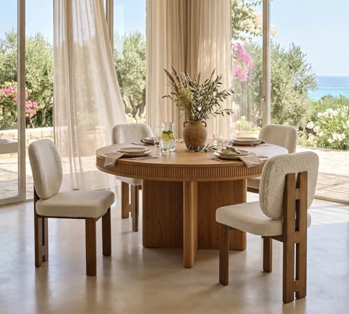 CIMOTA Modern Boucle Dining Chairs Set of 4, Upholstered Armless Side Chairs with Ergonomic Curved Back/Walnut Wood Legs, Mid-Century Accent Chairs for Kitchen or Dining Room, Beige - color: Beige