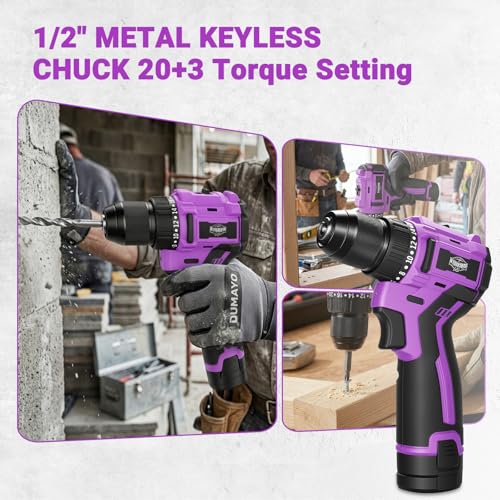 Purple Brushless Cordless Drill Set, 12V Compact Power Driver Kit with Electric Motor, Torque Setting, 50 N.m, 2 Variable Speed, Driver Bits, and Tool Box for Women Men Home DIY