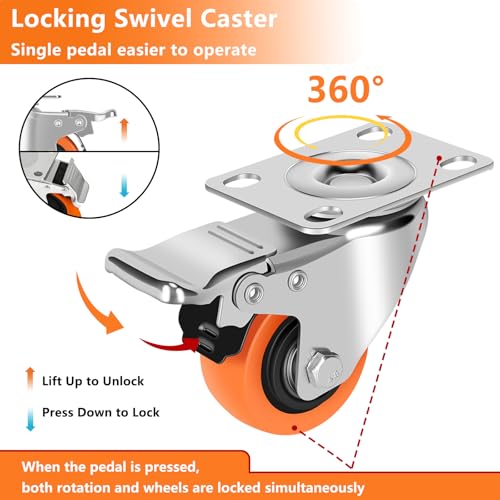 2" Caster Wheels - Heavy Duty Swivel Casters Set 4 w/Dual Locking - size: 2 inch