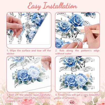 Peacoblue Flowers Music Notes Rub On Transfers for Furniture 6"x12" - style: Blue Flowers and Music Notation