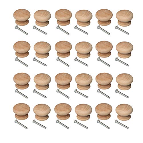 24 PCS Round Wooden Knob with Screws Unfinished Drawer Furniture Cabinet Closet Dresser Pull Handles (34mm Diameter,25mm Overall Height)