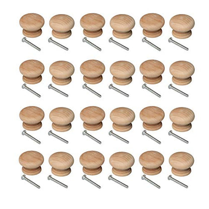 24 PCS Round Wooden Knob with Screws Unfinished Drawer Furniture Cabinet Closet Dresser Pull Handles (34mm Diameter,25mm Overall Height)