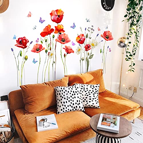 Large Vintage Flower Decals, Floral Stickers, Plant Vines, Butterflies - Wall Art Stickers for Bedroom, Living Room, Office, Sofa Backdrop, TV Wall, Home Decoration - style: Poppy