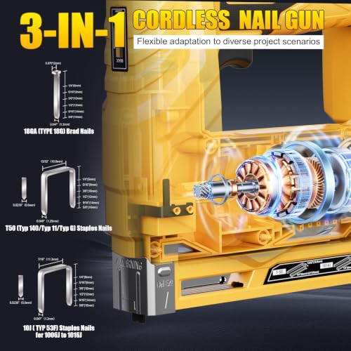 3-In-1 Small 21V Cordless Staple Gun, 18 GA Electric Brad Nailer - color: Yellow