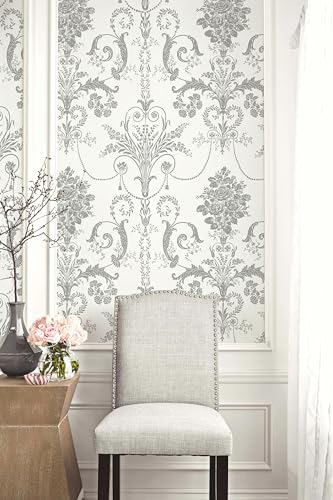 Silver Gray Removable Wallpaper Damascus Floral Peel and Stick Wallpaper - color: Silver/Gray, size: 17.3" x 197"