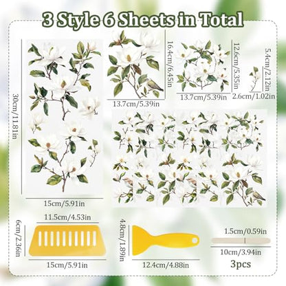 WANDIC 6 Sheets Magnolia Rub On Transfer Sticker, Flower Theme Decal for Home Party Present Packaging DIY Scrapbooking Photo Albums Furniture,15 * 30cm - color: Magnolia Rub on Transfer Sticker