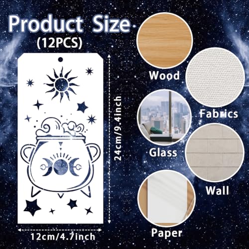 12 Pcs Painting Stencils, Reusable Craft Templates Magic Theme Stencil Template for Wall Decor, Fabric, Wood, Canvas - style: Magic Theme