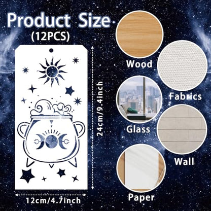 12 Pcs Painting Stencils, Reusable Craft Templates Magic Theme Stencil Template for Wall Decor, Fabric, Wood, Canvas - style: Magic Theme
