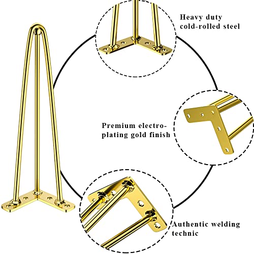 Osring 14 Inch Furniture Hairpin Legs Gold,1/2" Dia 3-Rods Metal Table Feet - color: Gold, size: 14 Inch