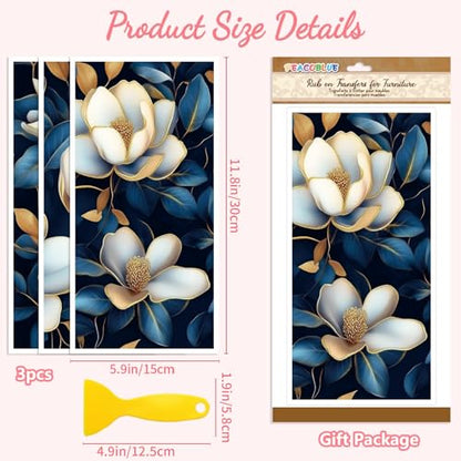 Peacoblue Blue Magnolia Rub On Transfers for Furniture 6"x12" - style: Gold Edges and Blue Background