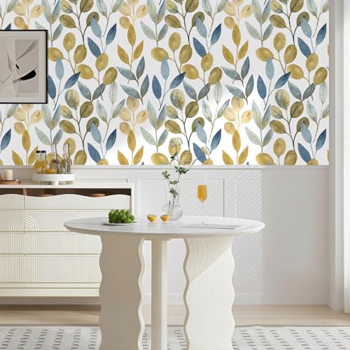Blue and Gold Leaf Peel and Stick Wallpaper 17.7" x 354" - color: Blue/Gold, size: 17.7" x 354"