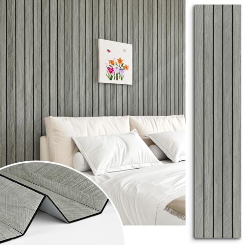 Grey Wood Wall Slat Panels Peel and Stick 3D Fluted Wood Panels - color: 2.grey, size: 11.8" x 118"