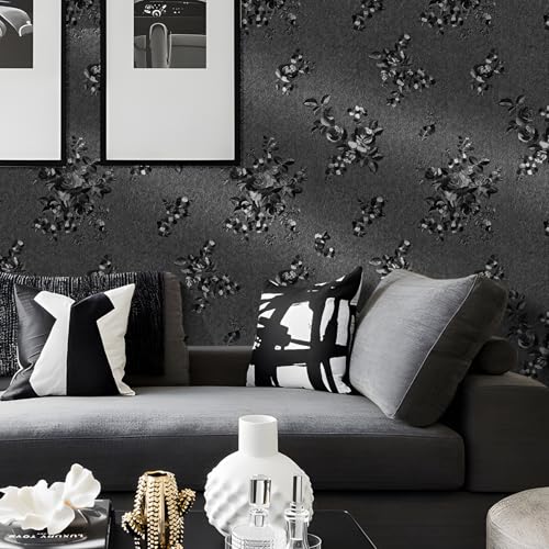 Black Floral Peel and Stick Wallpaper Modern Textured 17.3 x 196.9in - color: Black, size: 17.3" x 196.9"