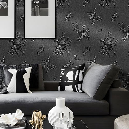 Black Floral Peel and Stick Wallpaper Modern Textured 17.3 x 196.9in - color: Black, size: 17.3" x 196.9"