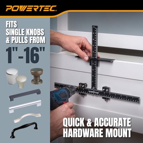 POWERTEC Cabinet Hardware Jig for Knobs & Pulls, Adjustable Drill Guide Template with 5mm Drill Bit, 1"–16" Centering Range, Metric & Imperial Scales for Cabinet Door & Drawer Installation (72427) - style: Cabinet Hardware Jig for Knobs & Pulls