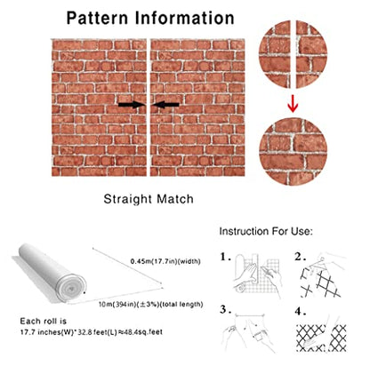 Cohoo Home Red Brick Wallpaper Peel and Stick Contact Paper Faux 393”×18” - color: Red, size: 17.7" x 393"