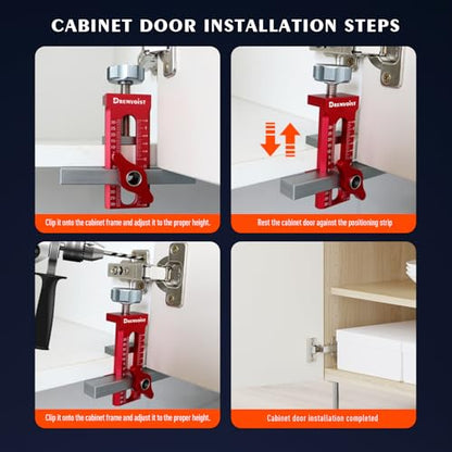 Cabinet Door Installation Jig 2-in-1, Mounting Tool with Adjustable Positioner,for Frameless Cabinets Only, Adjustable Aluminium Alloy Cabinet Hardware Jig,with 3 Drill Bits and Storage Bag