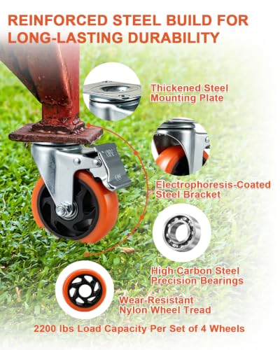 Htudcue 8 Pack 4 Inch Heavy Duty Casters, 2200 lbs Load Per Set of 4, Orange Swivel Plate Casters with Lock Brakes for Garage Workshops & Storage Shelves