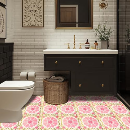 HOMETITUTE Pink Rose Floral Peel Stick Vinyl Floor Tile 12x12 Inch - style: Pink Rose Floral
